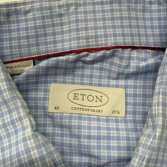 Eton Button Up Shirt Mens 15.75 15 3/4 - 40 Medium Blue Check Long Sleeve Spread - Picture 8 of 9